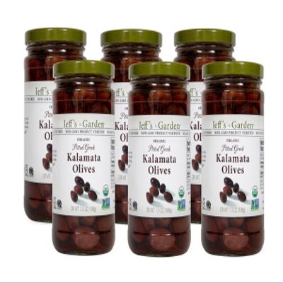 Jeff's Garden Organic Pitted Greek Kalamata Olives | Non-GMO, Gluten Free, Keto | 7 Ounce Drained Weight (Pack of 6)