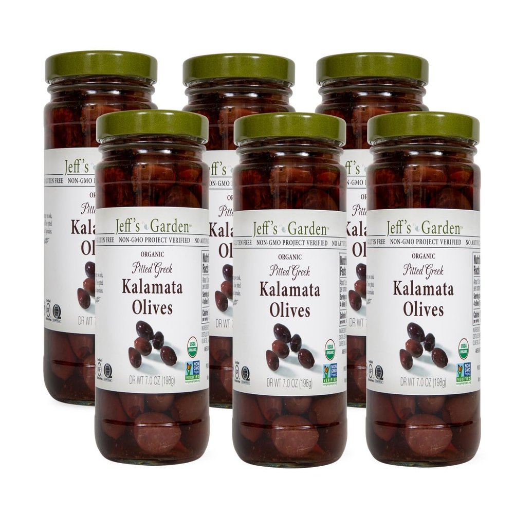 Jeff's Garden Organic Pitted Greek Kalamata Olives | Non-GMO, Gluten Free, Keto | 7 Ounce Drained Weight (Pack of 6)