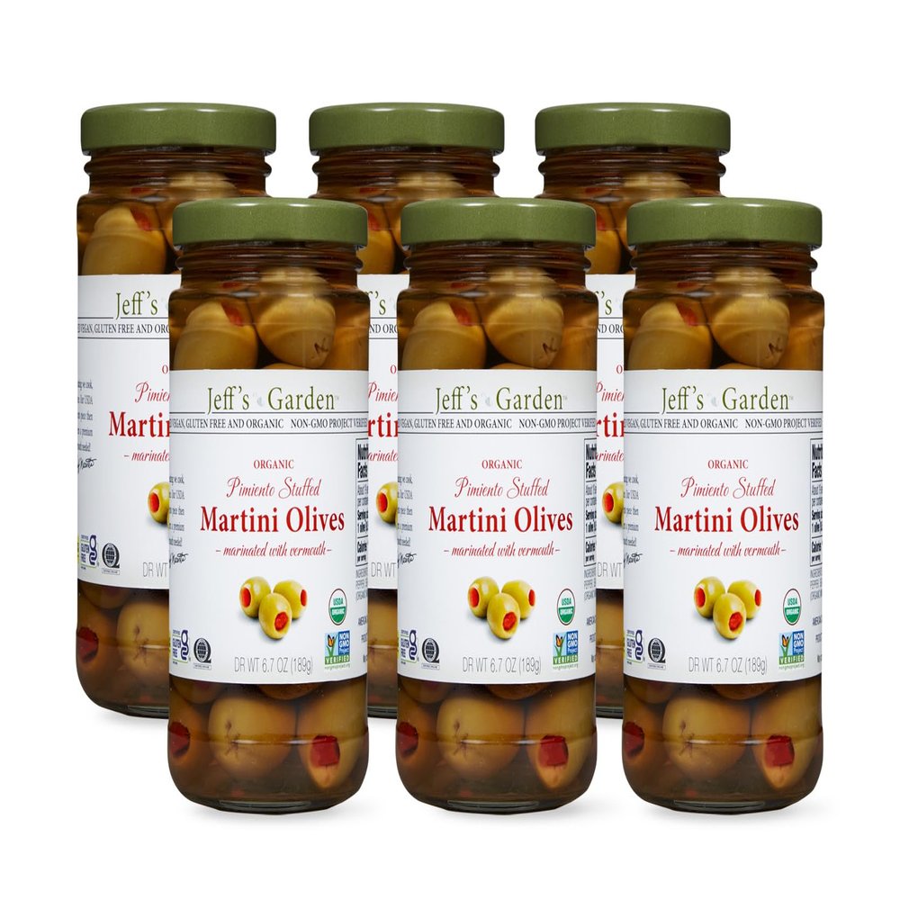 Jeff's Garden Organic Pimiento Stuffed Martini Olives | Vegan, Non-GMO, Gluten Free | 6.7 Ounce Drained Weight (Pack of 6)