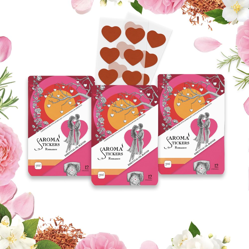 Aroma Stickers Original Blend Edition- 100% Natural Essential Oil Scented Mask Stickers for Face Mask & Pillow -Personal Aroma/Relaxing (Romance, Pack of 3, 36 Stickers)