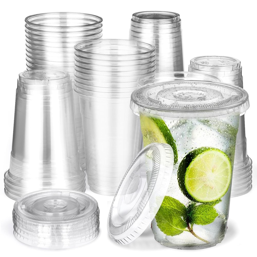 BALDCC 16 oz 50 Set Clear Plastic Cups with Lids, Disposable Cups with Lids, Plastic Coffee Cups for Cold Drinks, Iced Coffee, Milkshakes, Smoothies