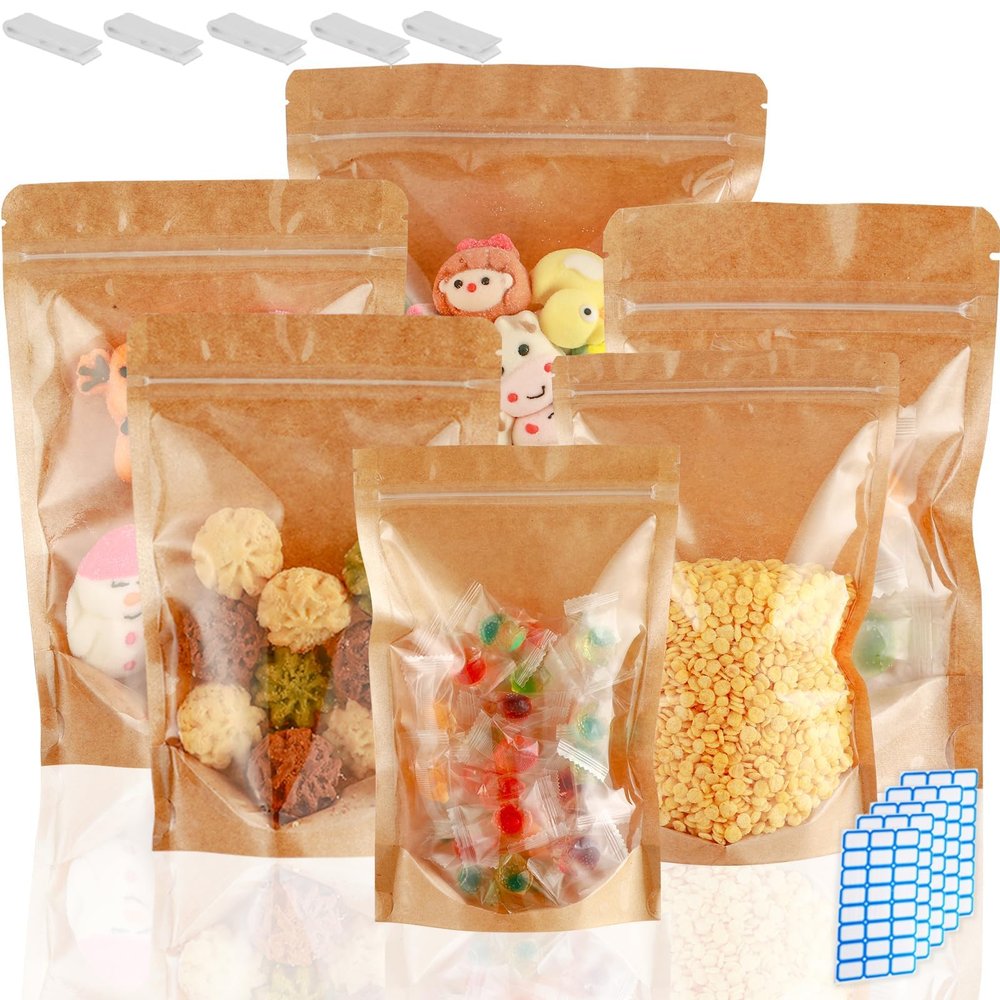 150-Pack Kraft Paper Bags with Clear Window 5x8 Reclosable Small Stand Up Mylar Bags for Food Storage Resealable Smell Proof Pouch, Edible Packaging, Reusable bags for Small Business