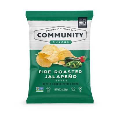 Community Snacks - 25 Count Fire Roasted Jalapeo Flavor Kettle Cooked Potato Chips - 2 Oz Bags - Non-GMO, Gluten-Free, Kosher, Vegan - Fiery Heat with a Smoky Touch - Chipping In & Giving Back
