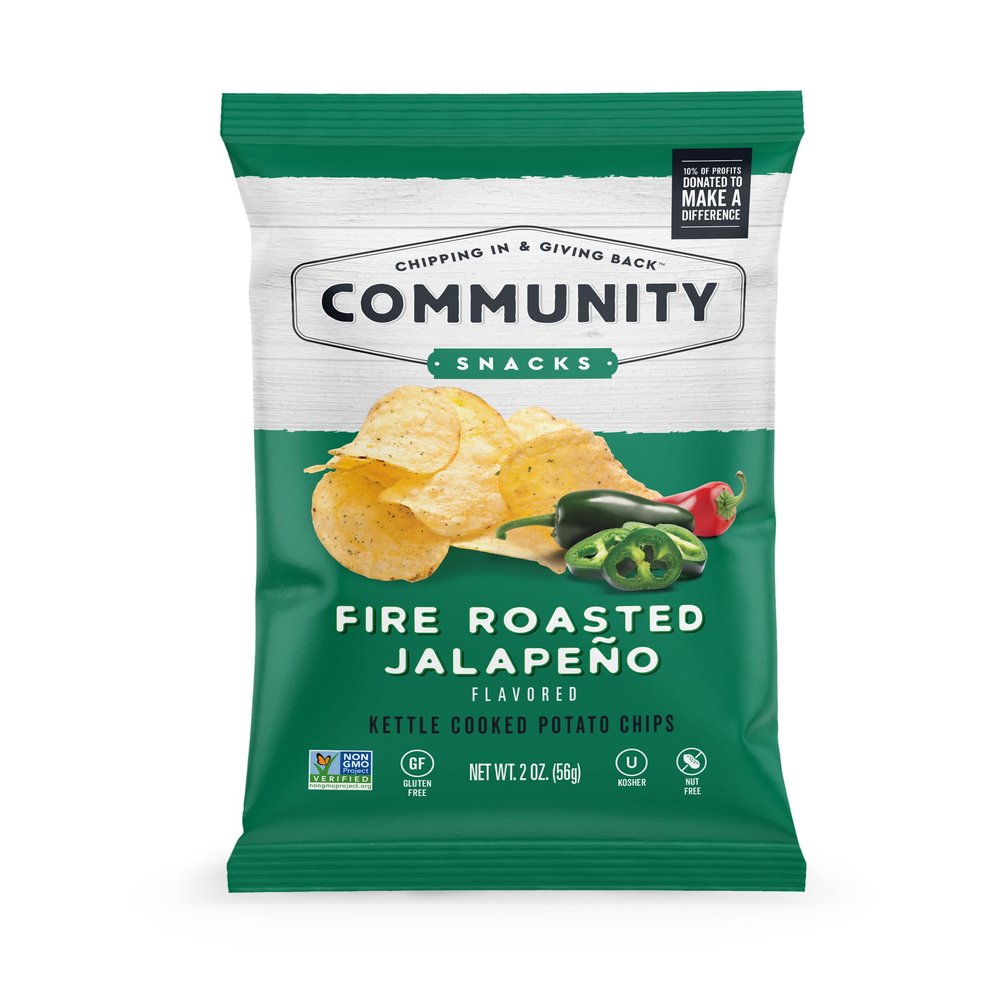 Community Snacks - 25 Count Fire Roasted Jalapeo Flavor Kettle Cooked Potato Chips - 2 Oz Bags - Non-GMO, Gluten-Free, Kosher, Vegan - Fiery Heat with a Smoky Touch - Chipping In & Giving Back