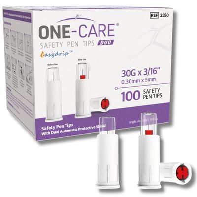 ONE-CARE Duo Safety Pen Tips 30G x 3/16 (5mm), Dual Shield Protection, Universal Fit, 100/bx