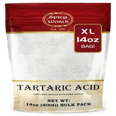 Spicy World Tartaric Acid Pure 14oz Large Bag - Top Grade, USP Certified, Food Grade, Vegan - Perfect for Wine Making, Mead