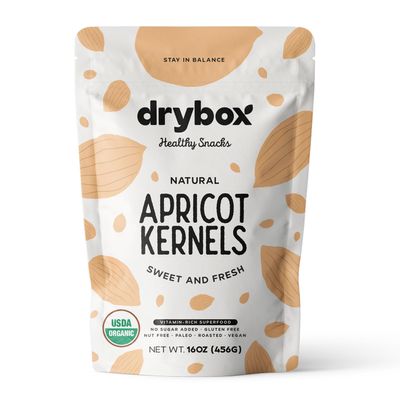 Drybox Sweet Apricot Kernels Seeds Raw Natural Organic NonGMO Vegan Kosher Source of Vitamin B17 and B15, Resealable Bag 16 oz/ 1 lb Bag, 1 Pack for snacking baking cooking