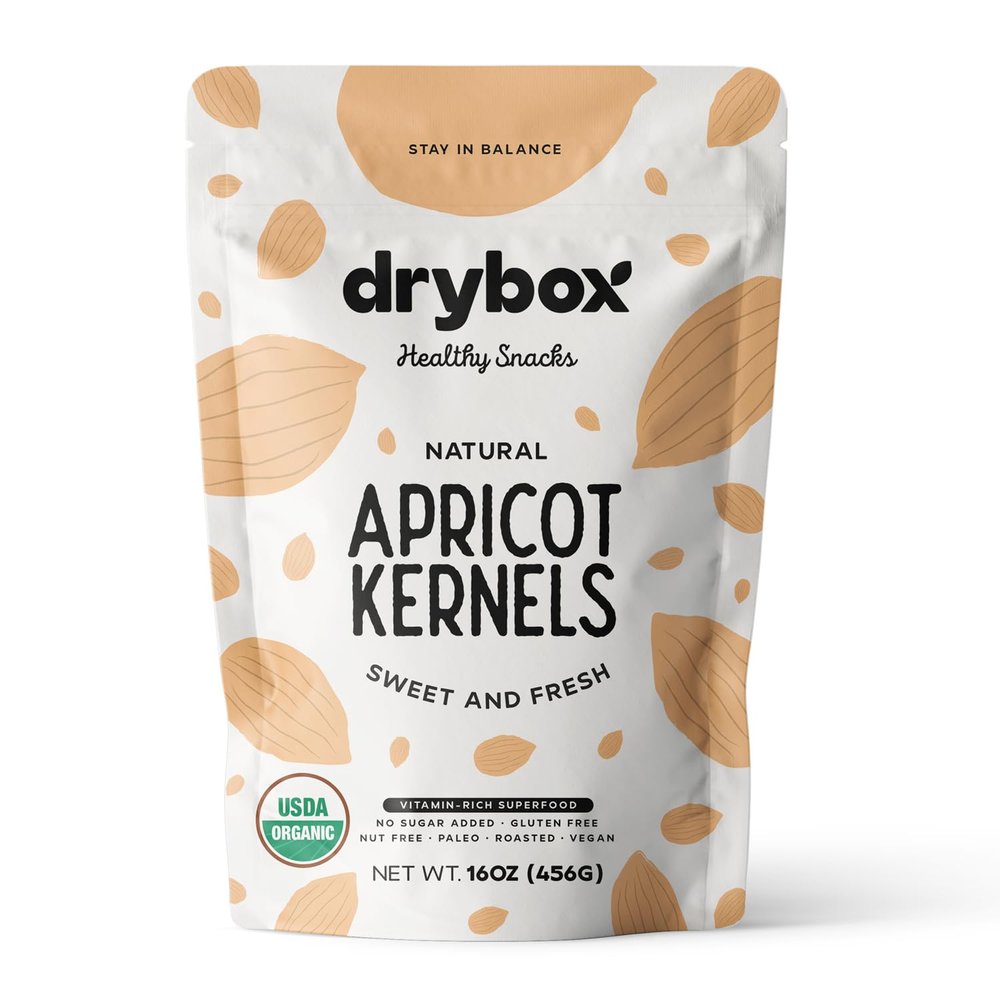 Drybox Sweet Apricot Kernels Seeds Raw Natural Organic NonGMO Vegan Kosher Source of Vitamin B17 and B15, Resealable Bag 16 oz/ 1 lb Bag, 1 Pack for snacking baking cooking