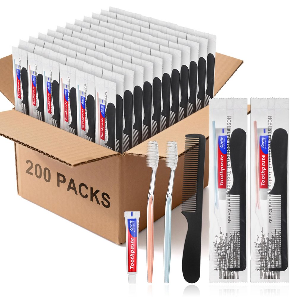200 Pack Disposable Toothbrushes with Toothpaste and Comb for Homeless Individually Wrapped,10g Travel Toothpaste,7inch Black Hair Comb,Soft Bristle Toothbrush for Hotel,AirBnb,Shelter,Charity