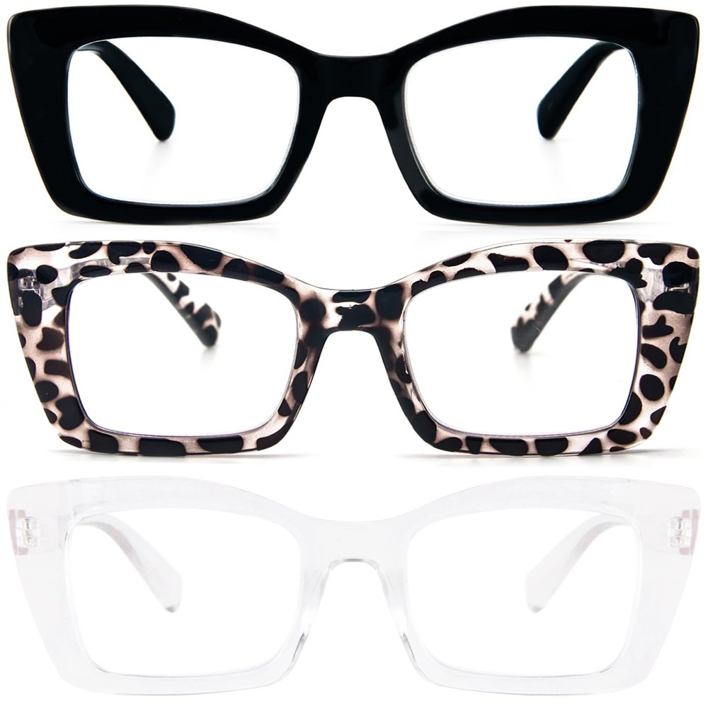 REAVEE 3 Pack Oversized Square Reading Glasses Oprah Style for Women, Blue Light Blocking Large Frame Computer Designer Fashion Readers with Spring Hinge (Black/Transparent Tortoise/Clear,2.75)