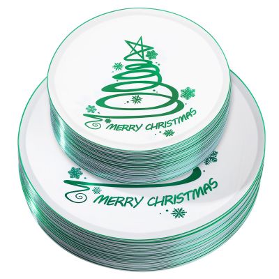 EBOOT 60 Pcs Christmas Plates Christmas Tree Plastic Plates Round Disposable Dessert Dinner supply for Holiday Party Supplies, 10.25 Inch and 7.5 Inch(Green,Stylish Style)