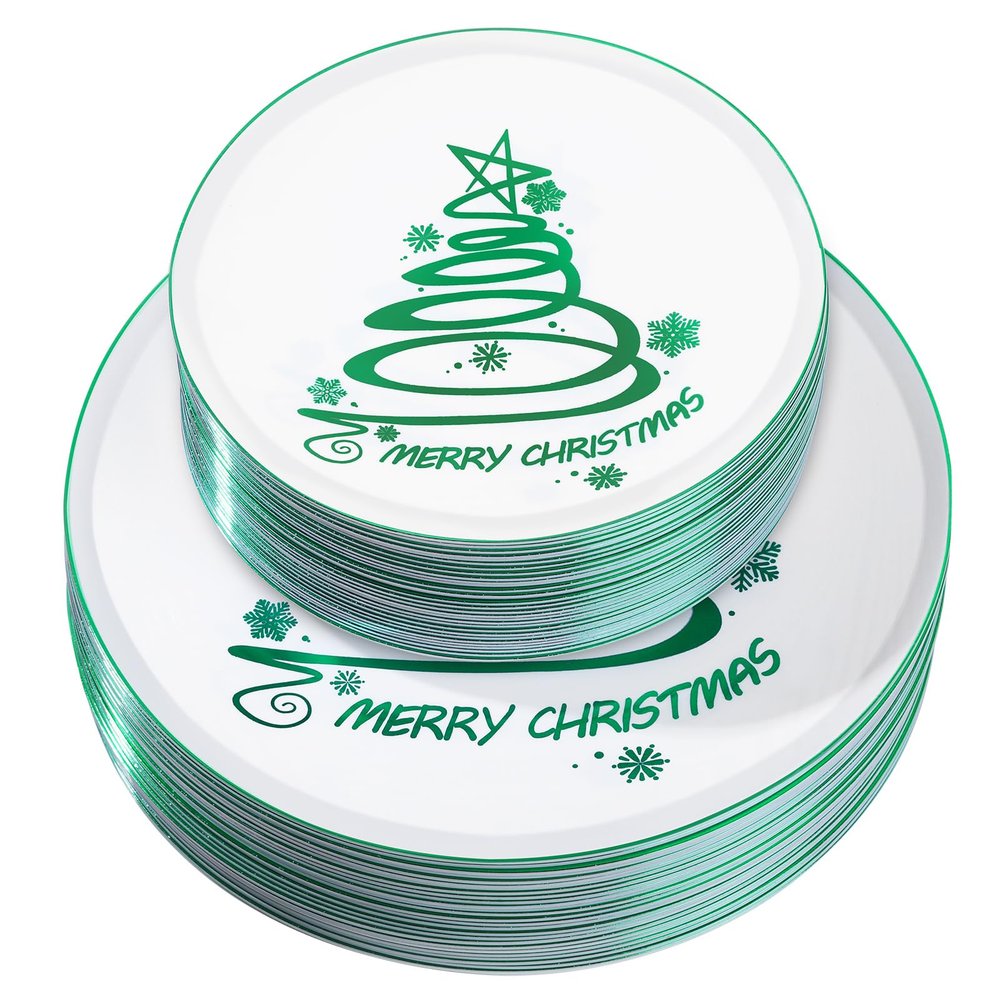 EBOOT 60 Pcs Christmas Plates Christmas Tree Plastic Plates Round Disposable Dessert Dinner supply for Holiday Party Supplies, 10.25 Inch and 7.5 Inch(Green,Stylish Style)