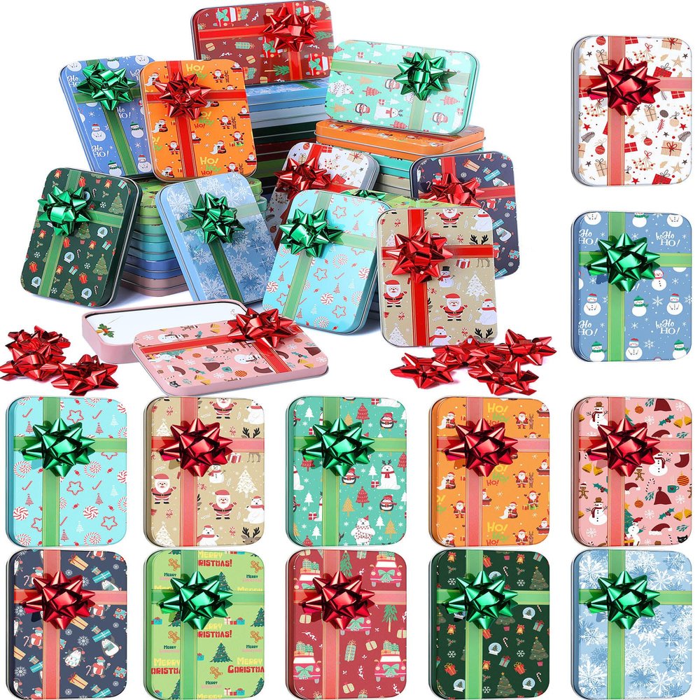 Sliner Christmas Gift Card Box Metal Gift Card Box Tins Holders with Lids and Flower Stickers for Christmas Stocking Stuffers Money Keys, 4.9 x 3.3 x 0.7 Inch(24 Pcs)
