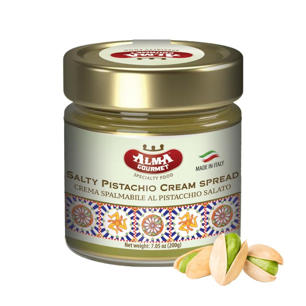 Alma Gourmet Sweet and Salty Sicilian Pistachio Cream Spread - Pistachio Spread Cream Imported from Italy - Ideal to Spread on Bread, Biscuits, Waffles, Pancakes, Croissant, Cookies, Muffins and Crepes - Perfect to Garnish Ice Cream, Frapp, Cakes an