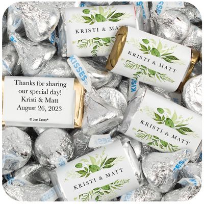 124 Pcs Personalized Wedding Candy Party Favors Botanical Wrapped Hershey's Miniatures and Hershey's Kisses (1.52 lbs) for Wedding Favors, Bridal Shower Candy, Rehearsal Dinner Souvenirs and Buffets