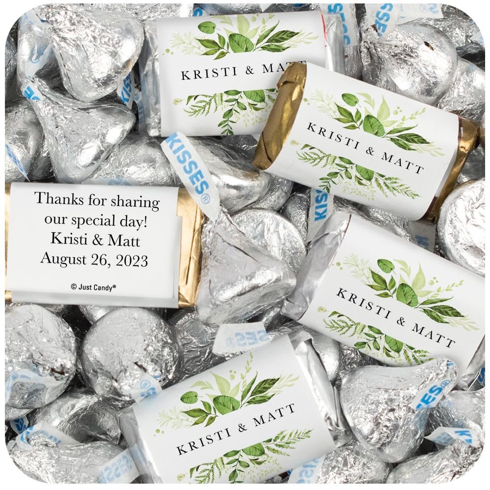 124 Pcs Personalized Wedding Candy Party Favors Botanical Wrapped Hershey's Miniatures and Hershey's Kisses (1.52 lbs) for Wedding Favors, Bridal Shower Candy, Rehearsal Dinner Souvenirs and Buffets