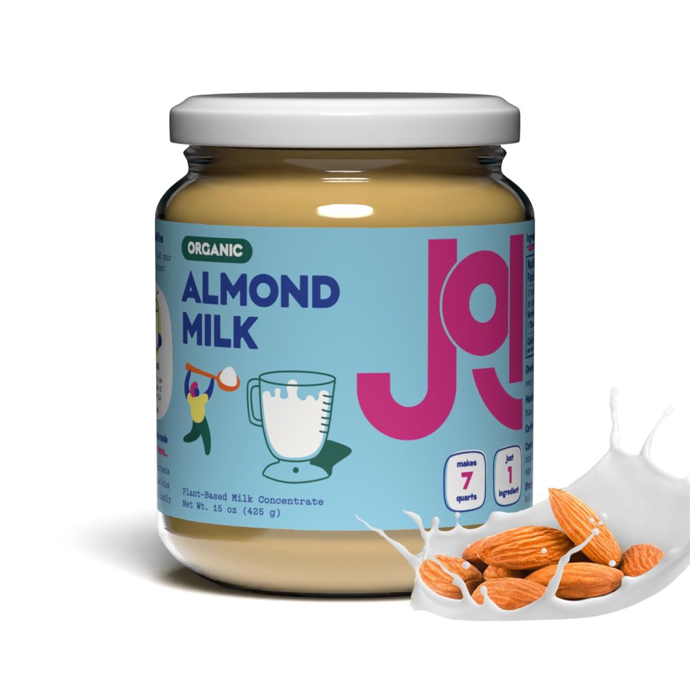 JOI Organic Almond Milk Base, Unsweetened Plain Concentrate - 27 Servings in Glass Jar, Paste / Butter, Blend with Water to Make Up To 7 Plant Milk Quarts - Vegan, Kosher, Shelf Stable, Keto-Friendly, Dairy Free, & Fat Free Milk - Use in Smoothies, C