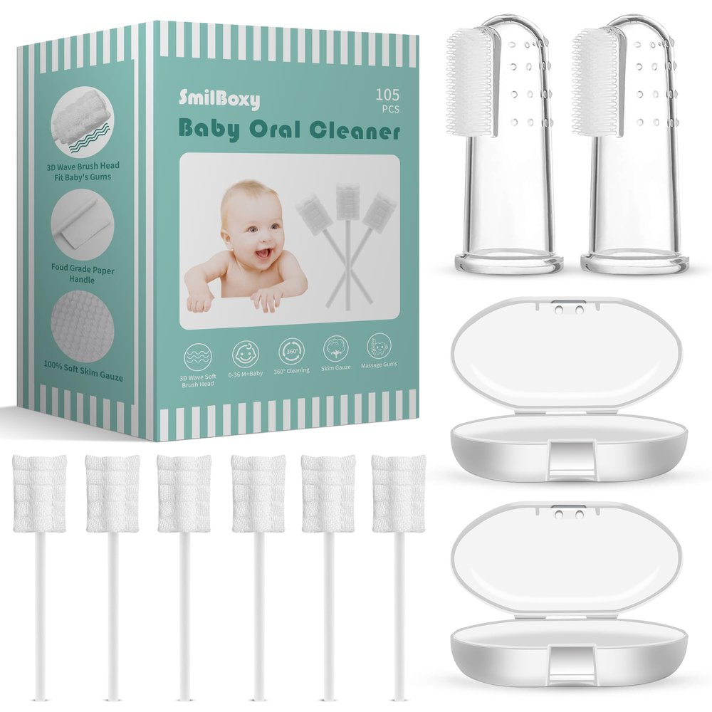 SmilBoxy 105 Pieces Tongue Cleaner + 2 PCS Finger Toothbrush Soft Gauze with Box Disposable Tongue Cleaner Infants Oral Mouth Cleaner Newborn Care 0-36 Month Infants