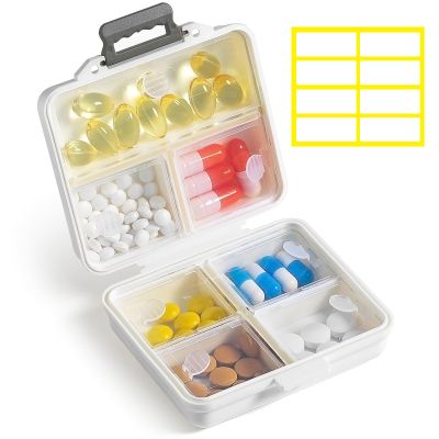 1 Pack Travel Pill Organizer,Portable Daily Pill Box,7 Grid Compartments Weekly Pill Case with Lables,Mini Medicine Organizer Box,Compact Pocket Pharmacy for Purse Vitamin Fish Oil Container (White)