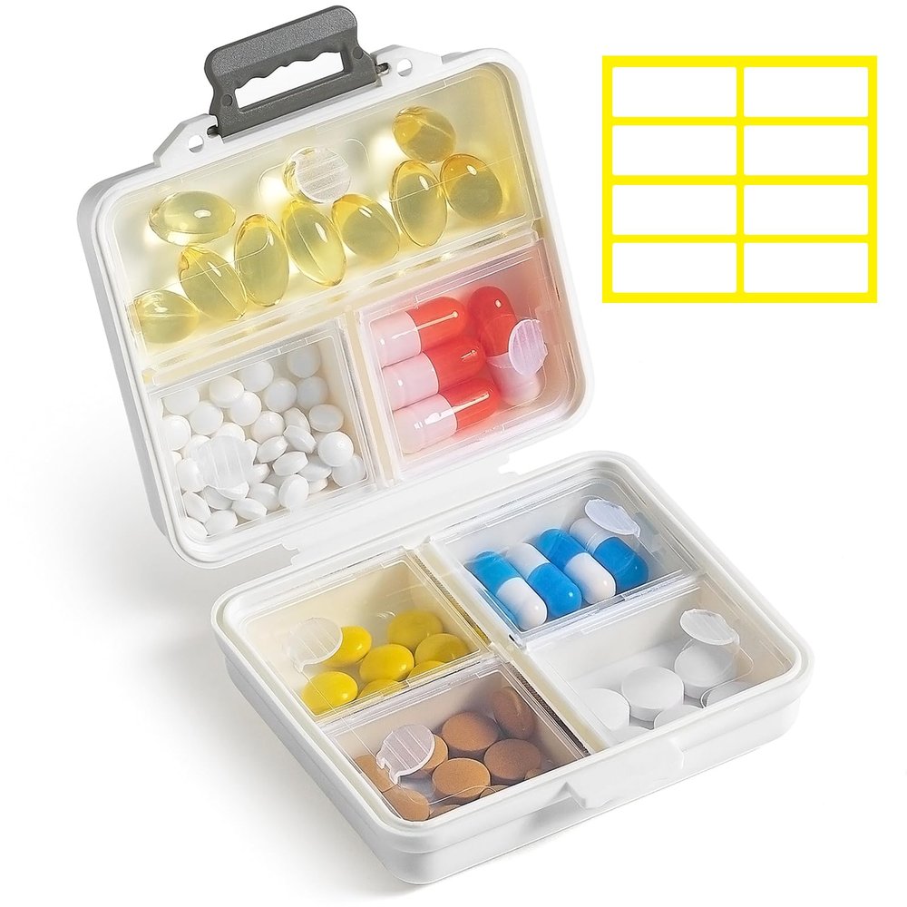 1 Pack Travel Pill Organizer,Portable Daily Pill Box,7 Grid Compartments Weekly Pill Case with Lables,Mini Medicine Organizer Box,Compact Pocket Pharmacy for Purse Vitamin Fish Oil Container (White)