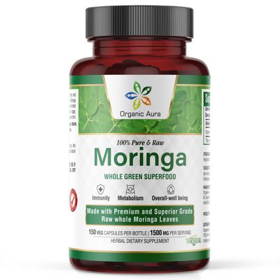 Organic Aura Moringa Leaf Capsules | 1500mg - 150 HPMC Veg | Whole Leaves Green Super Food Nutrition | Naturally Boosts Metabolism, Energy, Health, & Stamina | 100% Pure Safe Moringa |Non GMO.