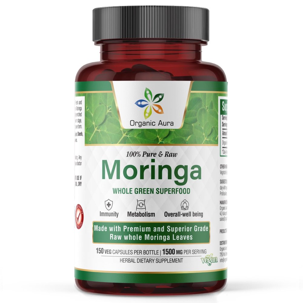 Organic Aura Moringa Leaf Capsules | 1500mg - 150 HPMC Veg | Whole Leaves Green Super Food Nutrition | Naturally Boosts Metabolism, Energy, Health, & Stamina | 100% Pure Safe Moringa |Non GMO.