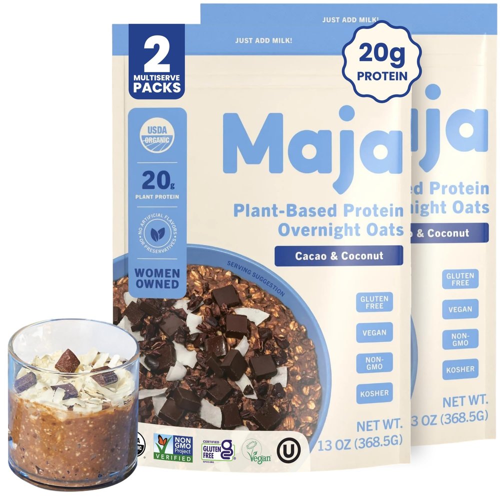 Maja Organic Plant-Based Protein Cacao & Coconut Overnight Oats 13 oz Multi-Serve (2-Pack) | 20g Protein, Vegan, Gluten-Free Instant Oatmeal | Quick & Filling Breakfast with Clean Ingredients