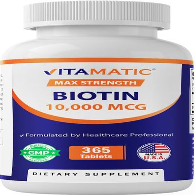 Vitamatic Biotin 10,000 mcg (10 mg) for Stronger Hair, Skin & Nails - 365 Vegan Tablets- Also Called Vitamin B7