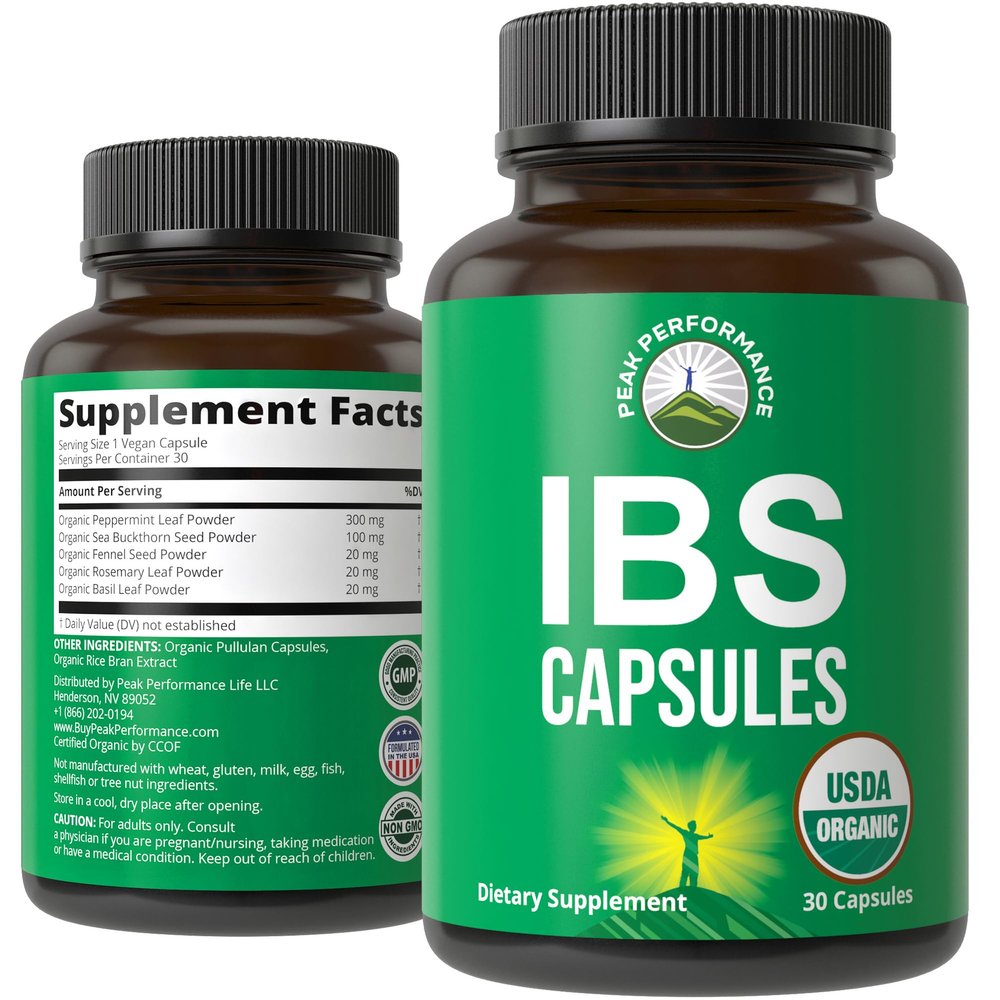 USDA Organic IBS Capsules for Relief, Ingestion, Bloating, Gas. Irritable Bowel Supplement with 5 Handpicked Organic Ingredients. Peppermint Oil, Sea Buckthorn, Fennel Seed, Rosemary Leaf, Basil Leaf