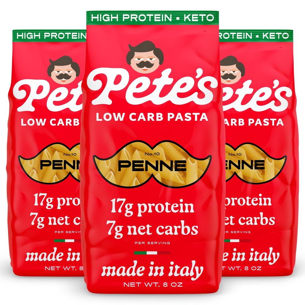 High Protein, Low Carb Pasta | Penne with 17g Protein, 7g Carbs | Healthy, Keto Pasta Made in Italy | 3-Pack, 8oz - Petes Pasta