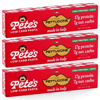 High Protein, Low Carb Pasta | Fettucine with 17g Protein, 7g Carbs | Healthy, Keto Pasta Made in Italy | 3-Pack, 8oz - Petes Pasta