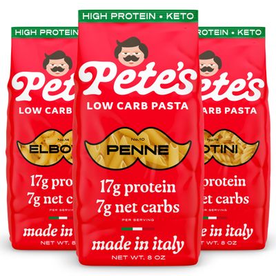 High Protein, Low Carb Pasta Variety | Penne, Rotini, Elbow Macaroni with 17g Protein, 7g Carbs | Healthy, Keto Pasta Made in Italy | 3-Pack, 8oz - Petes Pasta