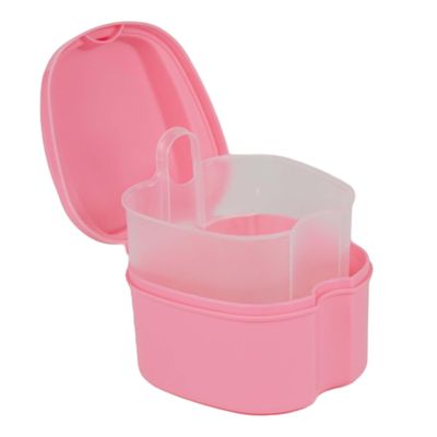 Genco Dental Denture Case, Denture Box with Strainer, Night Cleaner Denture Bath Box for Retainer, Mouthguard, False Teeth, and Denture Cleaning (Pink)