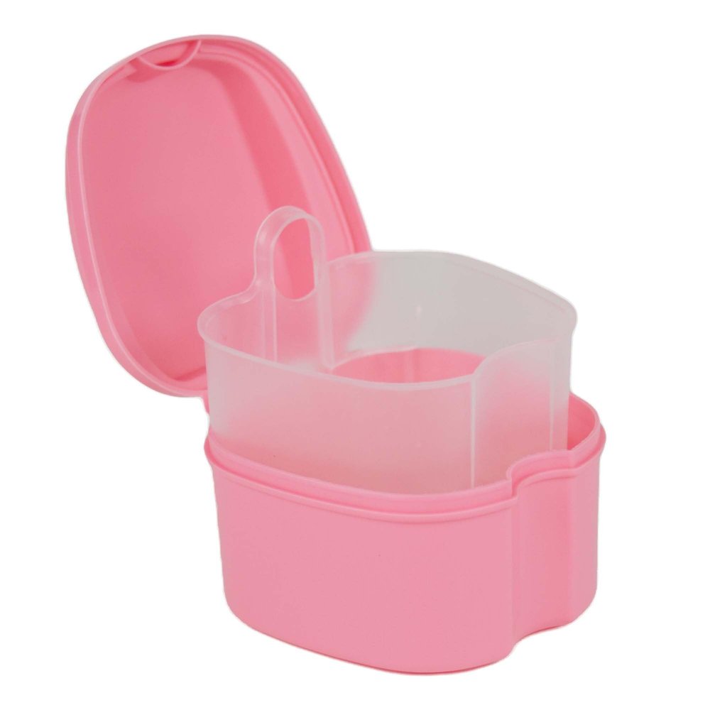 Genco Dental Denture Case, Denture Box with Strainer, Night Cleaner Denture Bath Box for Retainer, Mouthguard, False Teeth, and Denture Cleaning (Pink)