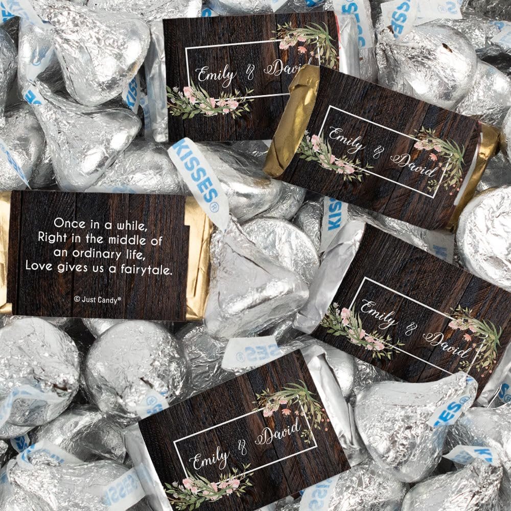 128 Pcs Personalized Wedding Candy Party Favors Wrapped Miniatures and Kisses (1.58 lbs) - Rustic Floral