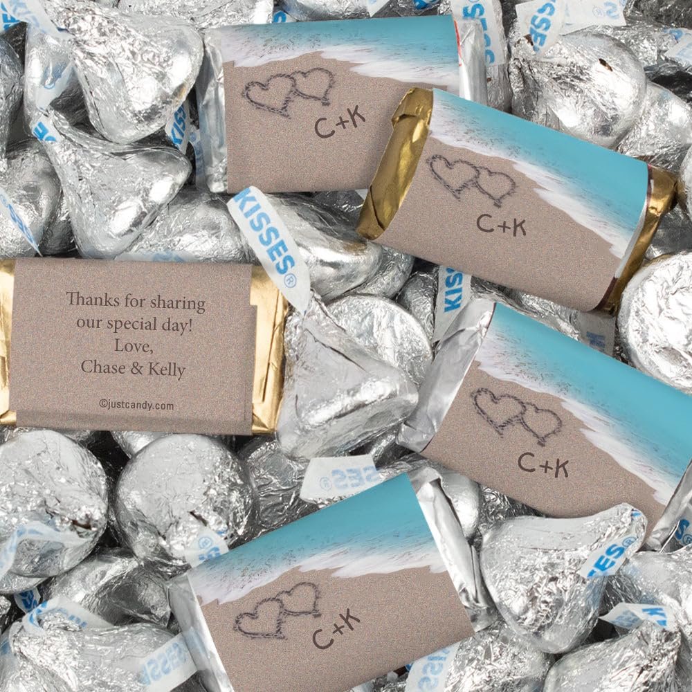 128 Pcs Personalized Wedding Candy Party Favors Wrapped Miniatures and Kisses (1.58 lbs) - Beach