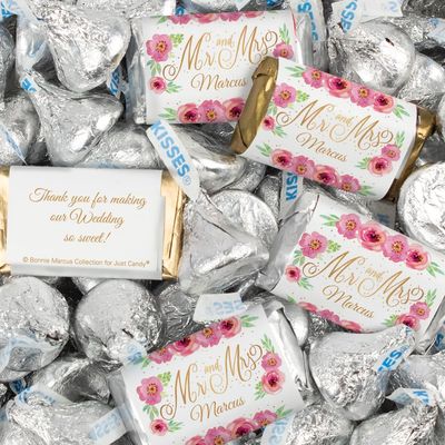 128 Pcs Personalized Wedding Candy Party Favors Wrapped Miniatures and Kisses (1.58 lbs) - Mr. & Mrs. Floral