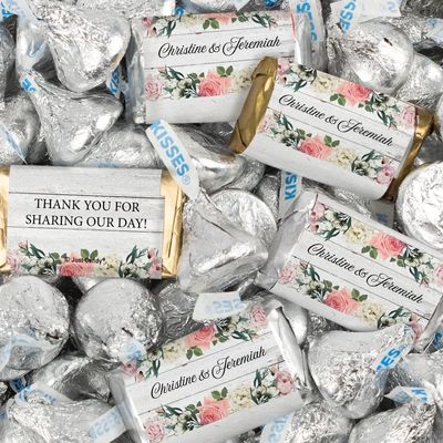 124 Pcs Personalized Wedding Candy Party Favors Wrapped Miniatures and Kisses (1.52 lbs) - Pink Botanicals