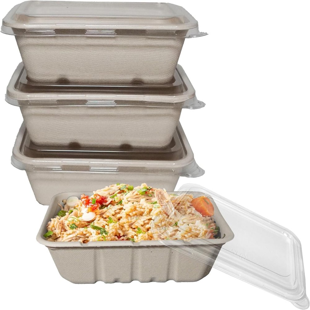EcoQuality 22oz Disposable Bowls with Clear Lids - Rectangular Compostable Sugarcane Fiber Biodegradable Paper Bowls Eco-Friendly Take Out Food Storage Containers, Microwave Safe, Meal Prep (300)