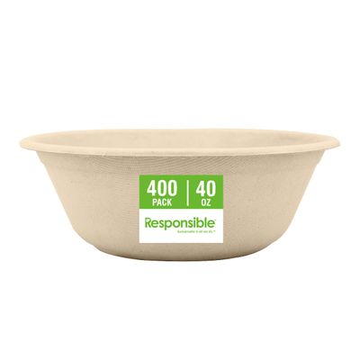 Responsible Products bowls are eco-friendly, Disposable Paper Bowls 40oz For Hot Soup (400 Count),Heavy Duty Paper Dinner Bowls, Dessert Bowls, Made from Sugarcane  Bamboo Fibers