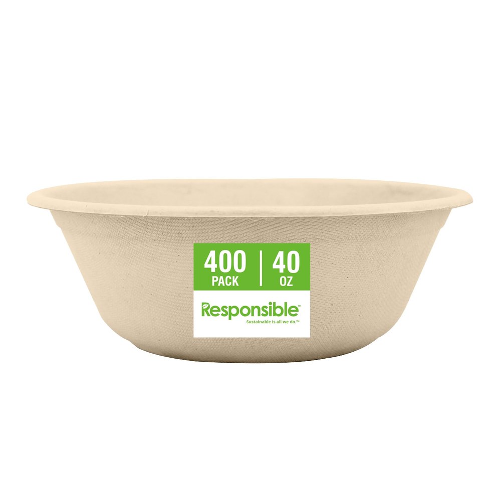 Responsible Products bowls are eco-friendly, Disposable Paper Bowls 40oz For Hot Soup (400 Count),Heavy Duty Paper Dinner Bowls, Dessert Bowls, Made from Sugarcane  Bamboo Fibers