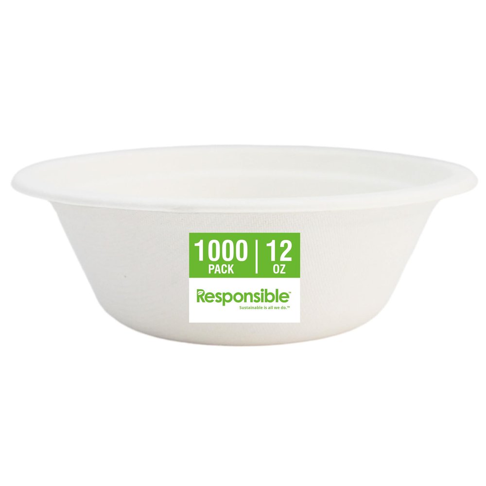 Responsible Products bowls are eco-friendly, Disposable Paper Bowls 12oz For Hot Soup (1000 Count),Heavy Duty Paper Dinner Bowls, Dessert Bowls, Made from Sugarcane Bamboo Fibers