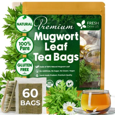 FreshDrinkUS, Premium 60 Mugwort Leaf Tea Bags, 100% Natural and Pure Mugwort Leaves. No Sugar, No Caffeine, No Gluten, Vegan.