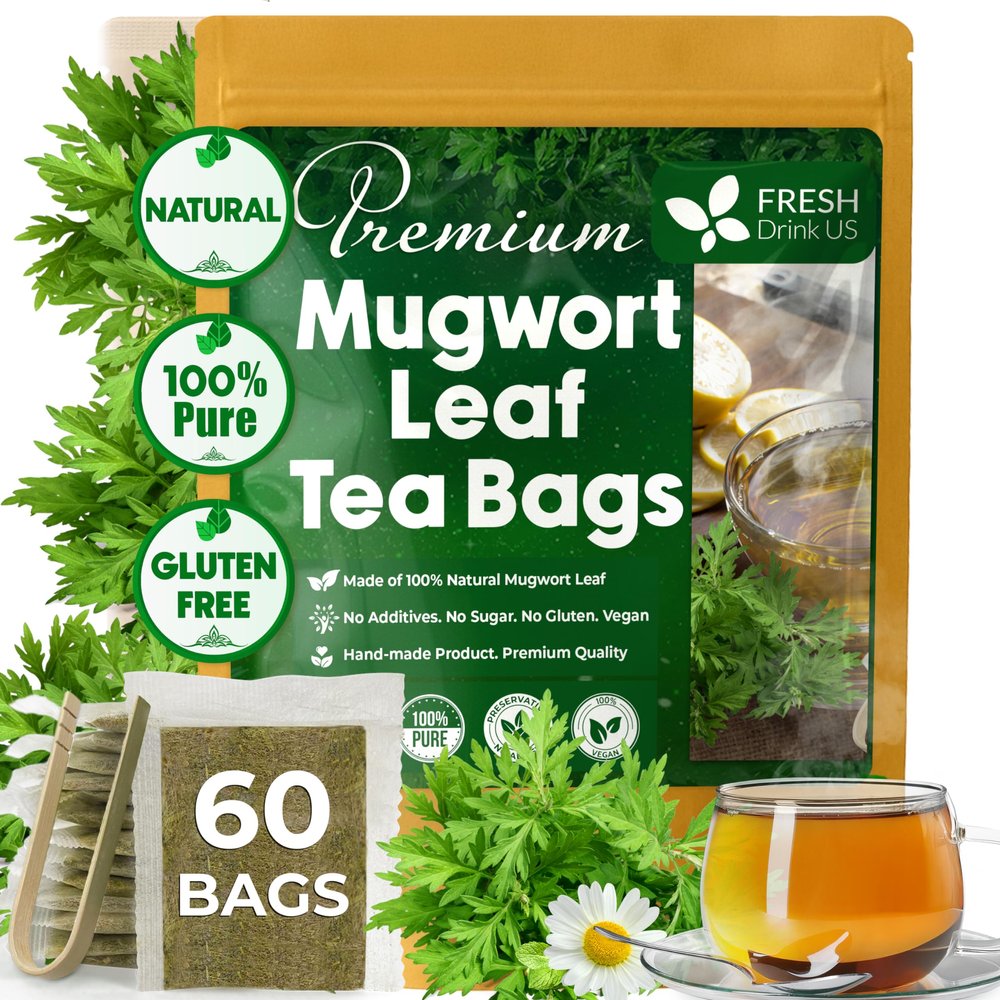 FreshDrinkUS, Premium 60 Mugwort Leaf Tea Bags, 100% Natural and Pure Mugwort Leaves. No Sugar, No Caffeine, No Gluten, Vegan.