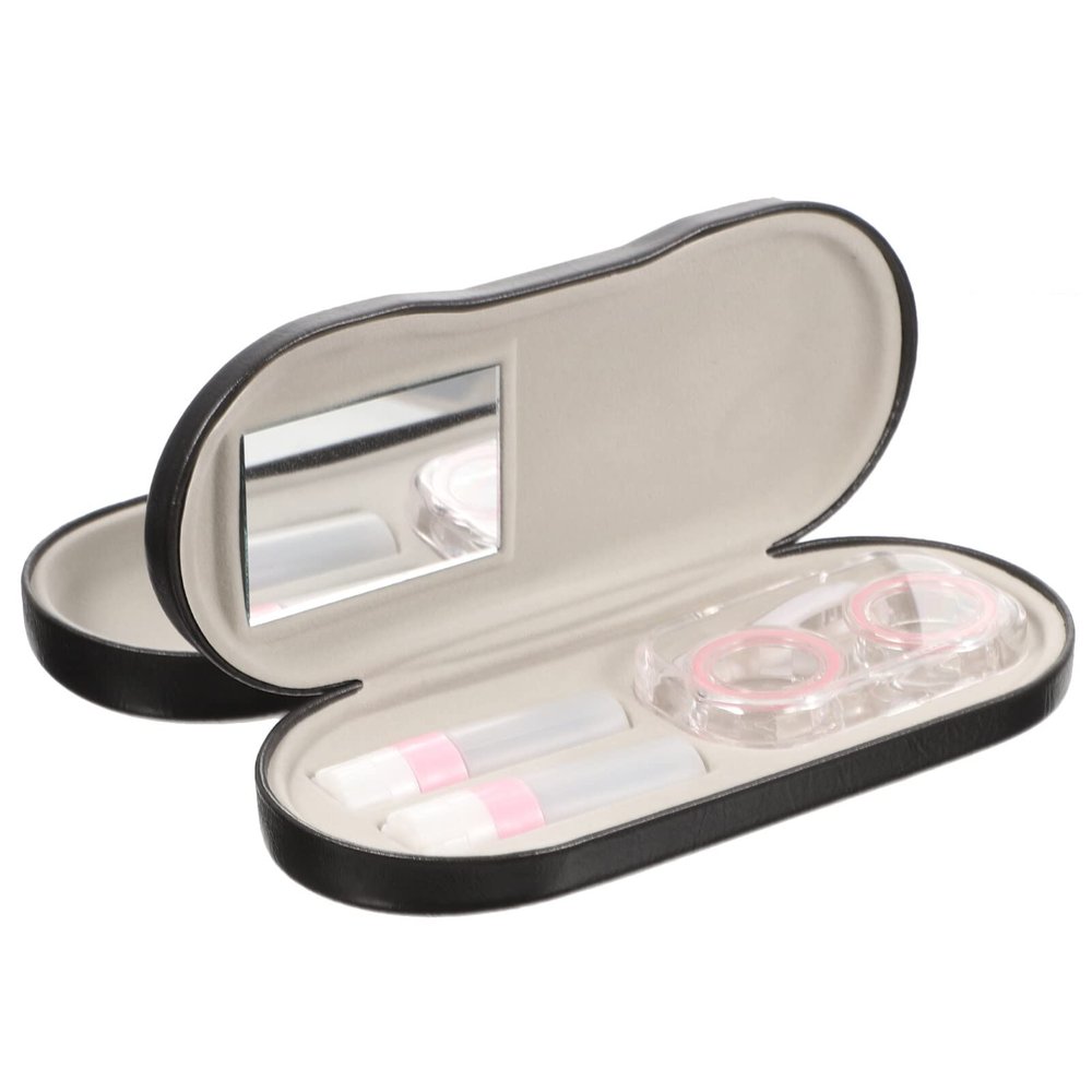 Healifty 2-in-1 Portable Glasses Box with Double Layer Design Case with Built-in Mirror Tweezers and Solution Bottle Compact Eyeglasses Storage for Travel