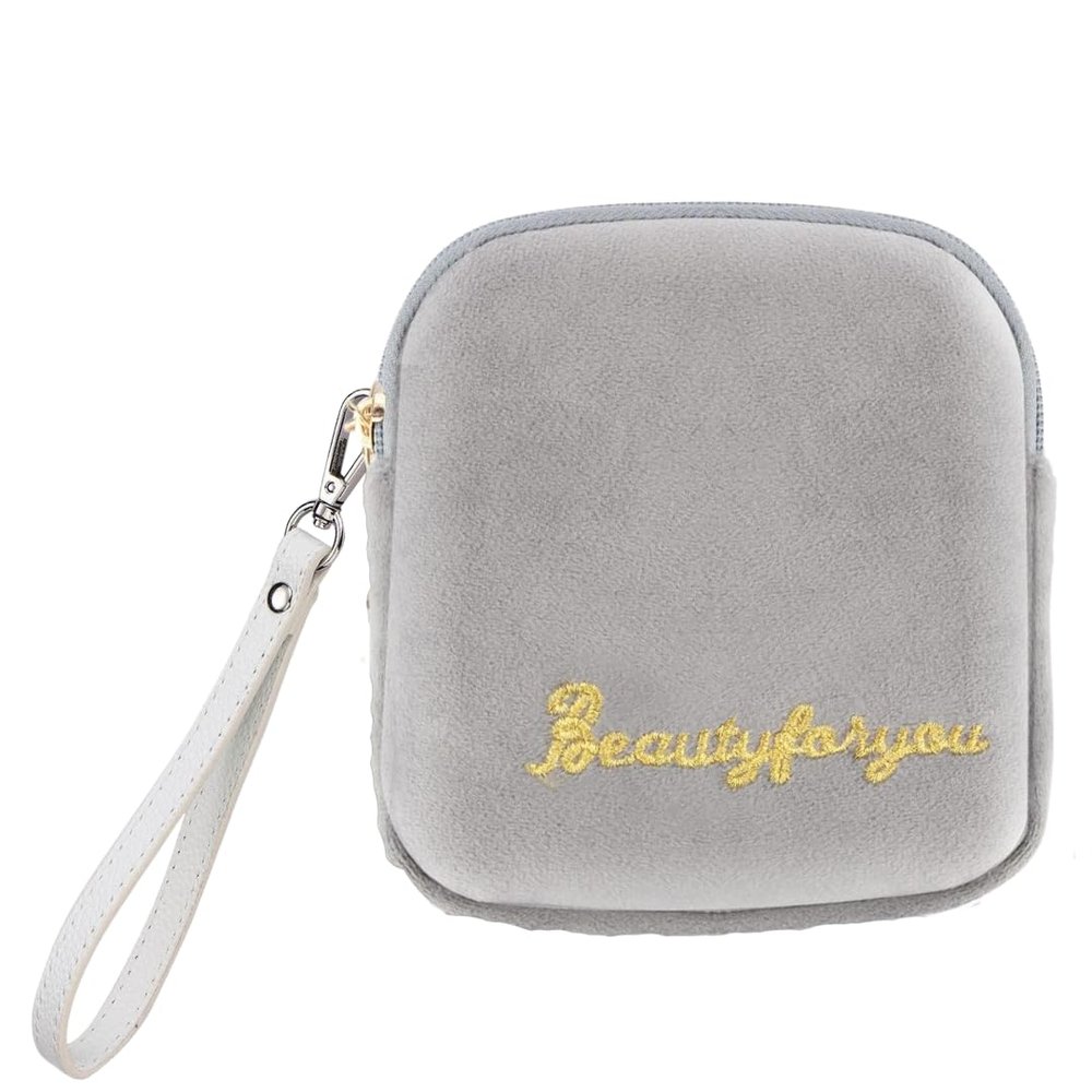 Adorable Pink Peri - Reusable Sanitary Napkin Pads Storage Bag Portable for Women Girls | Soft Touch Velvet with Matching Open Clip Lanyard | Reusable | Zero Waste Period (Gray Velvet)