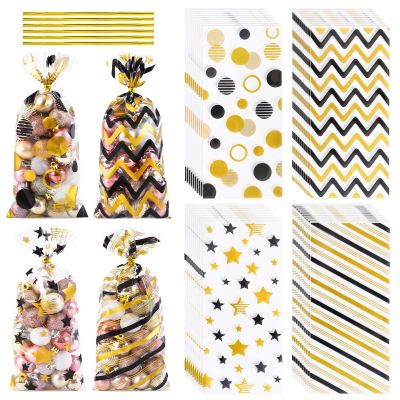 COQOFA Black Gold 5"X11" Gift Wrap Cellophane Cello Bags: Clear Candy Cookie & Plastic Goodie Storage Treat Party Favor Bags with Twist Ties - 100 Pcs for Graduation, Birthday & Retirement