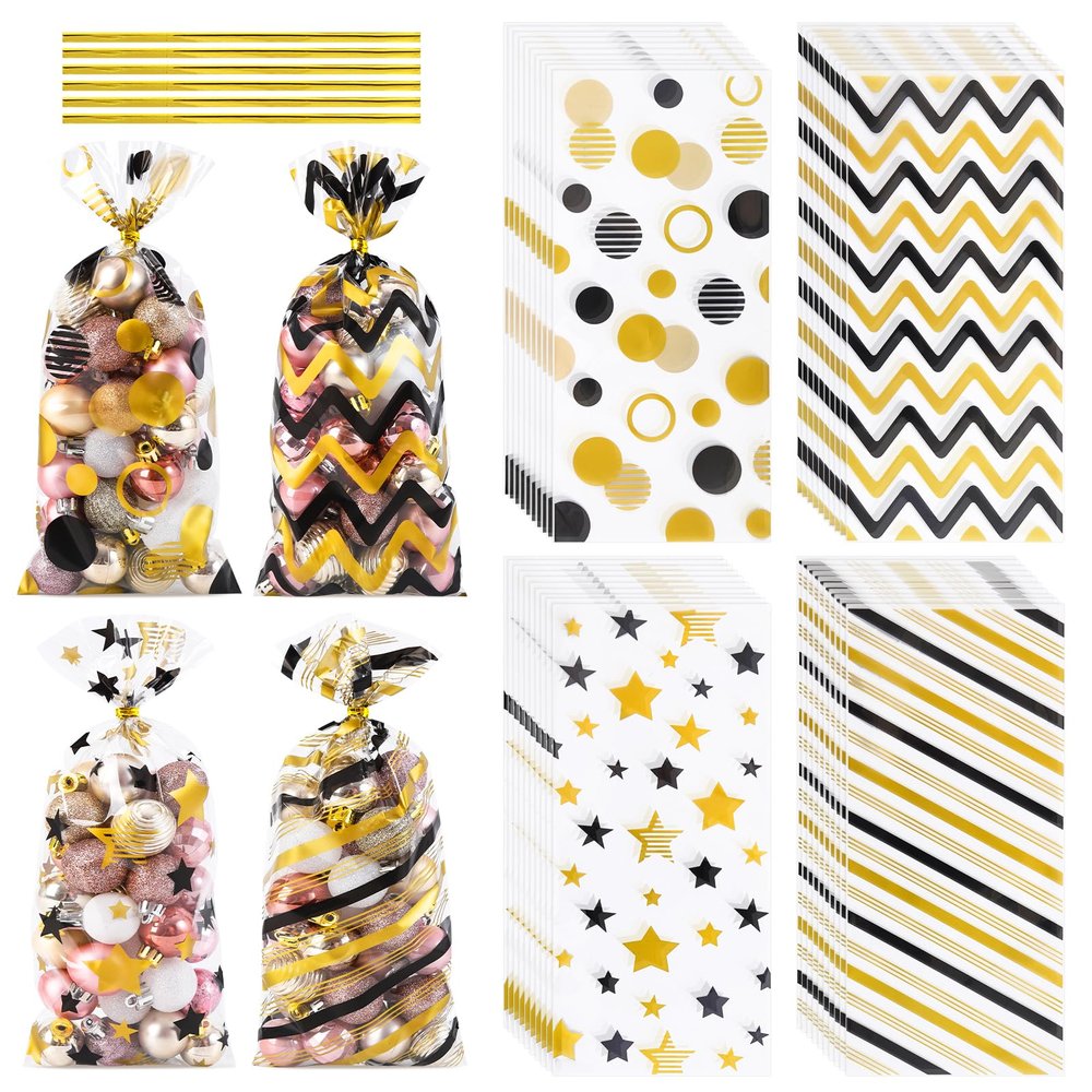 COQOFA Black Gold 5"X11" Gift Wrap Cellophane Cello Bags: Clear Candy Cookie & Plastic Goodie Storage Treat Party Favor Bags with Twist Ties - 100 Pcs for Graduation, Birthday & Retirement