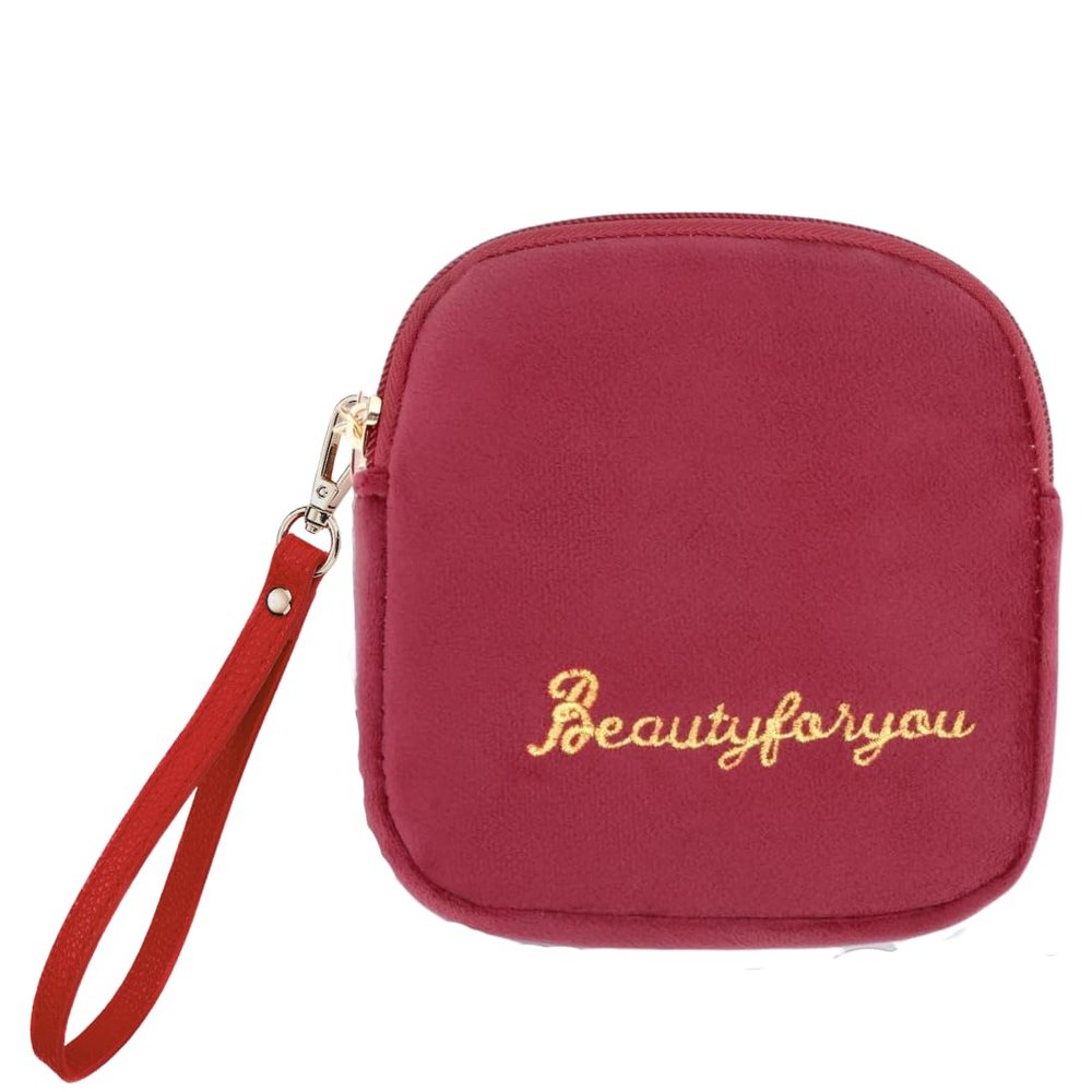Adorable Pink Peri - Reusable Sanitary Napkin Pads Storage Bag Portable for Women Girls | Soft Touch Velvet with Matching Open Clip Lanyard | Reusable | Zero Waste Period (Red Velvet)