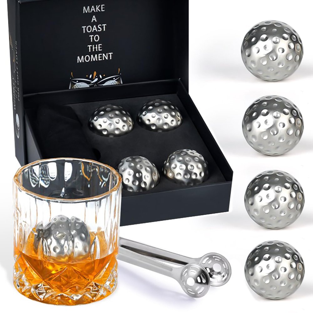 PONPUR Men's Golfer Gifts, Fathers Day Anniversary Birthday Gifts for Dad Him Husband, 4 Whiskey Golf Balls with 1 Tongs, Reusable Stainless Steel Golf Ice Balls Whiskey Gift for Golf Lover